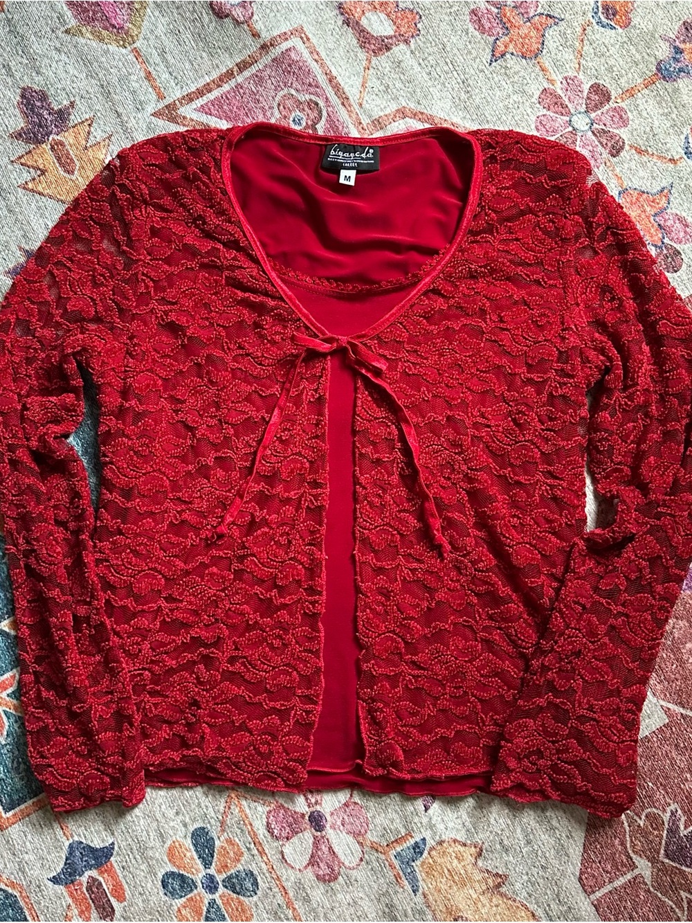 BIYAYCDA Vintage Red Floral Lace Layered Tie-Front Cardigan Style Top